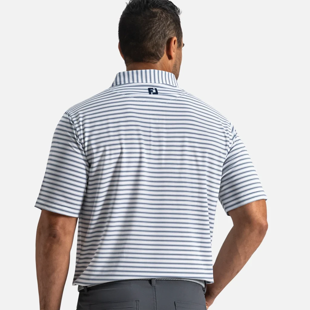 Áo Polo FootJoy Level Stripe TourLisle – White / Windward Blue / Navy